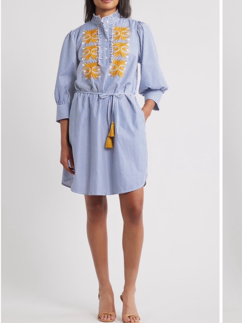 julia jordan Blue Stripe Mini Shirt Dress with Yellow Embroidery